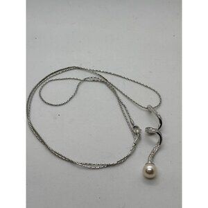 Y2K Fashion Club Girl Necklace Silver Tone Drop Pendant Rhinestone Pearl 28 inch